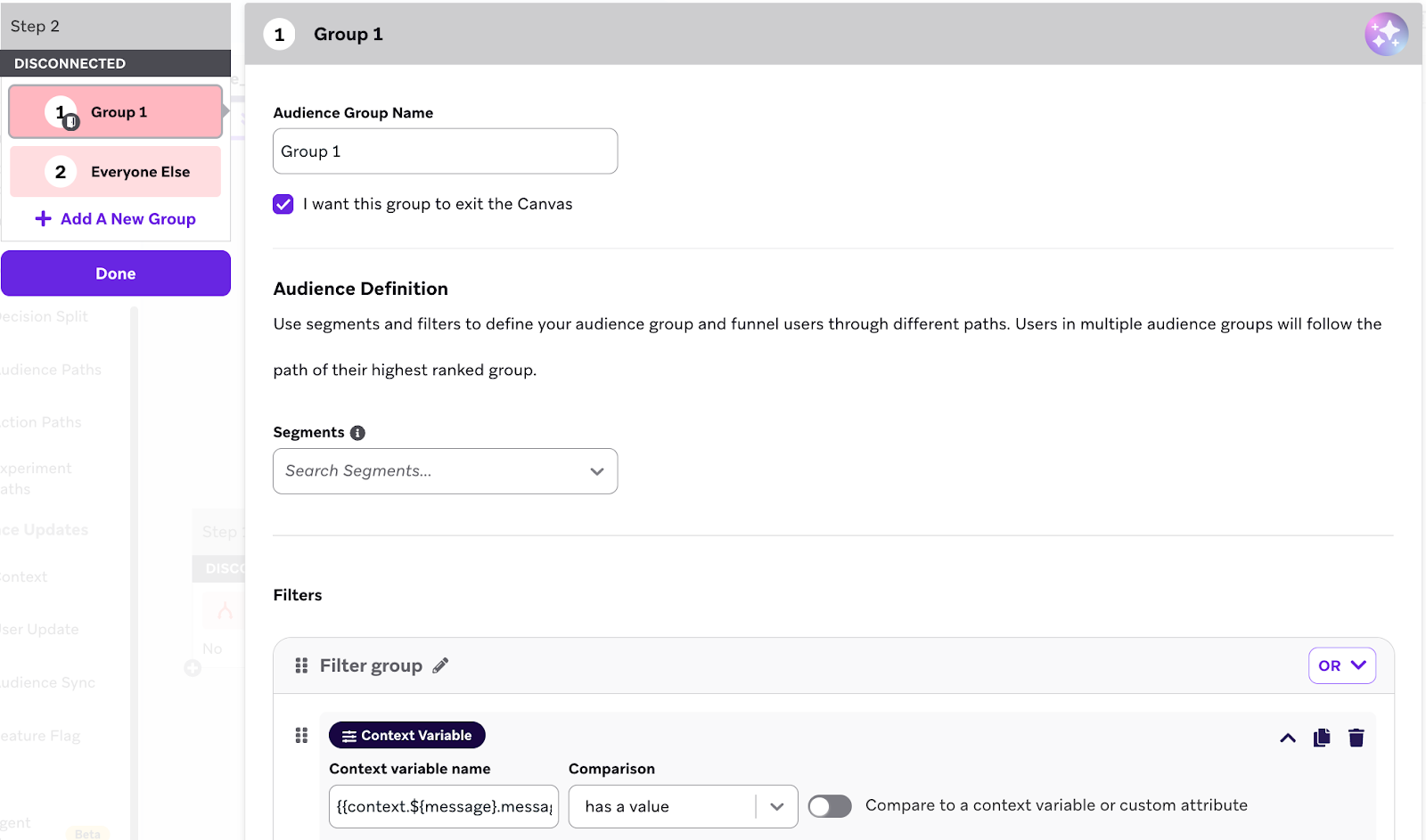 Screenshot of Braze Canvas Context step showing the context variable `summary_result` being created and populated with a connected content call to Fullstory, to retrieve a session summary