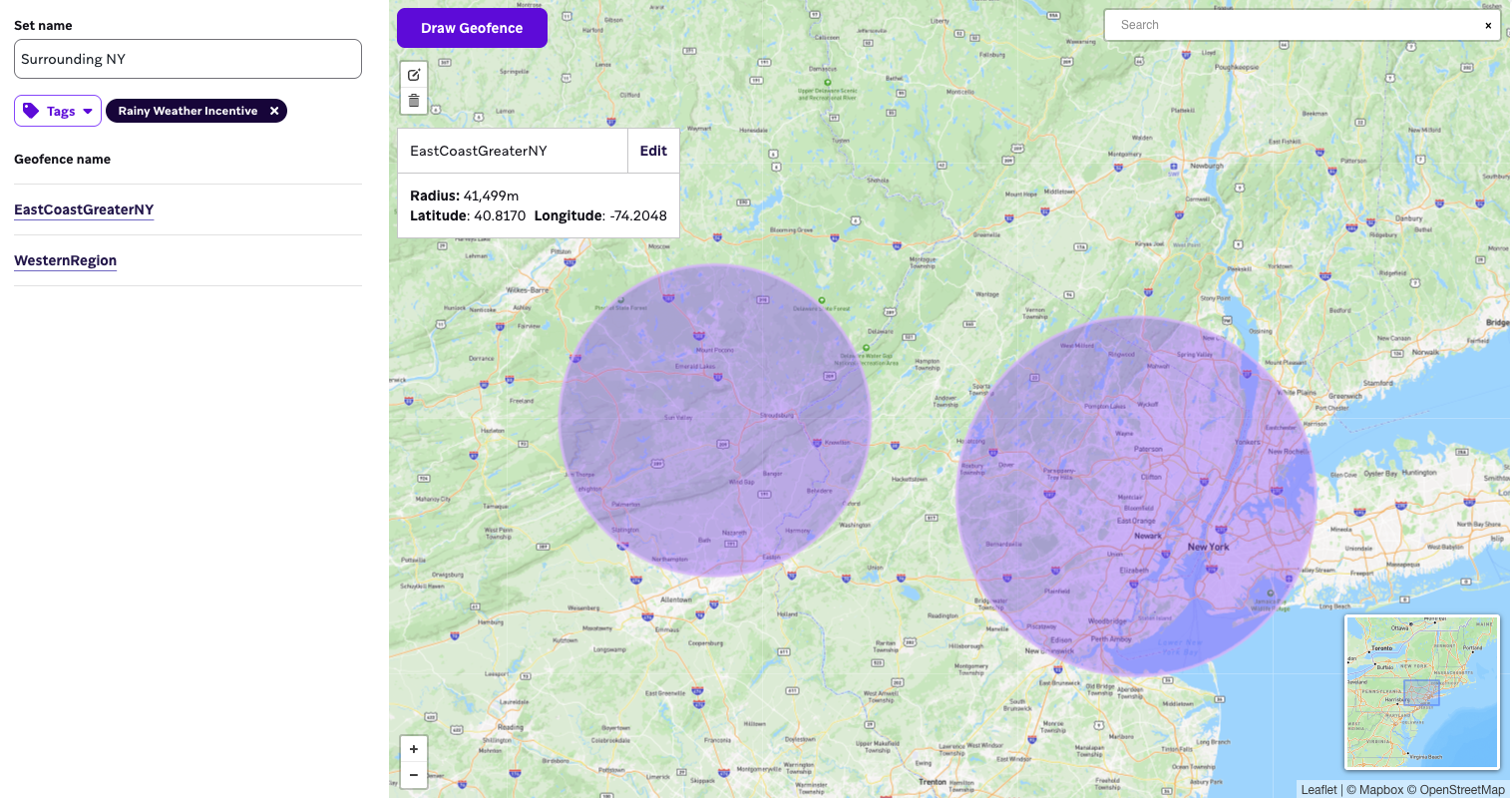 A geofence set with two geofences "EastCoastGreaterNY" and "WesternRegion" with two circles on the map.
