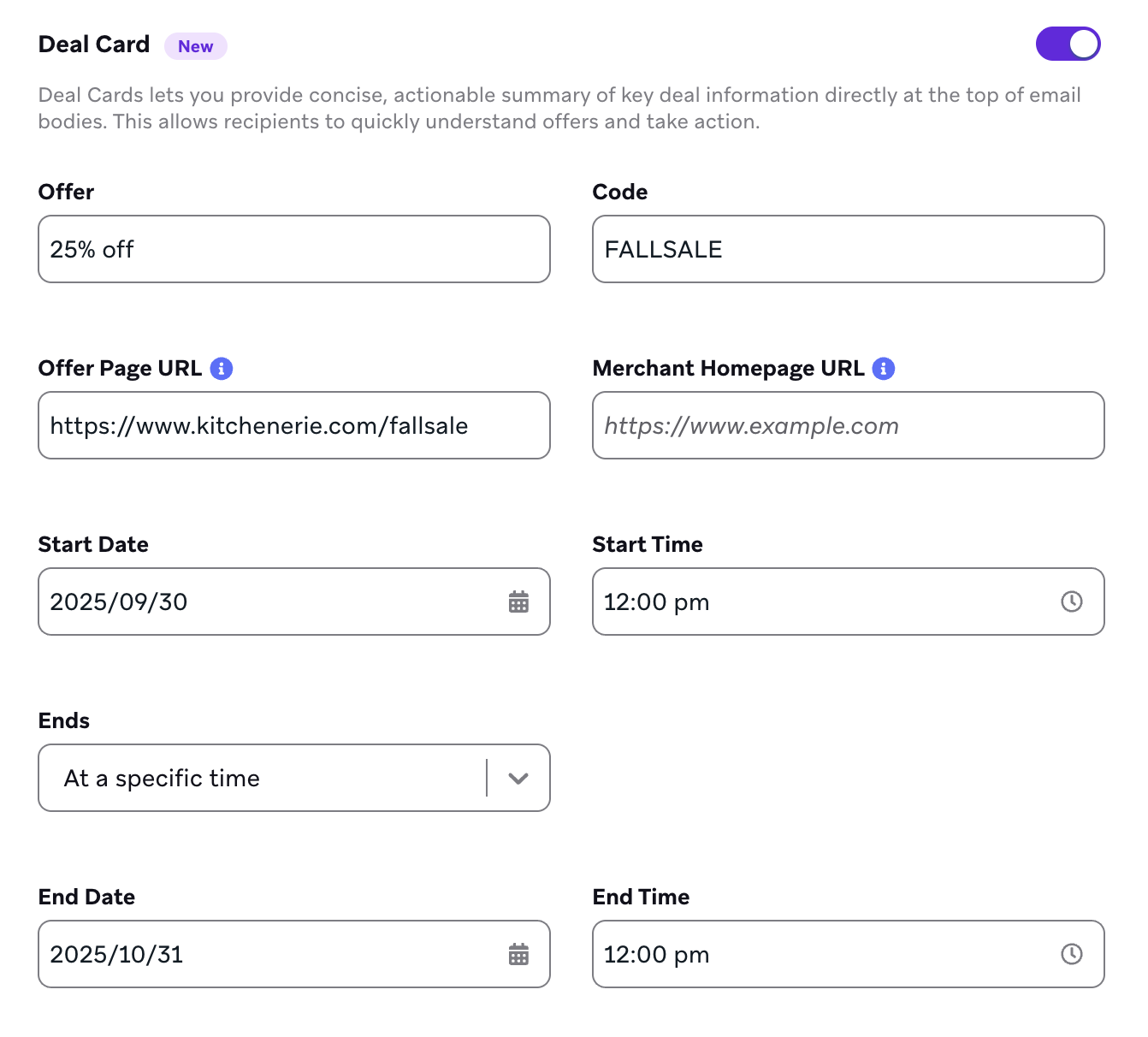 Options to specify the offer value, code, and start date and time for a Deal Card.