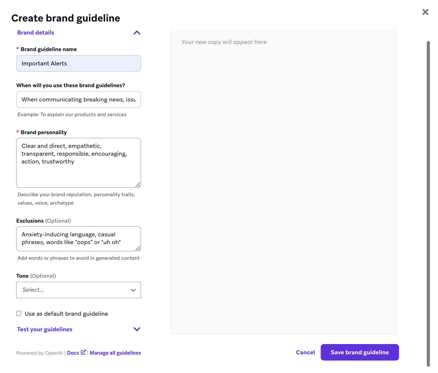 The "Create brand guideline" window with fields to enter the name, description, personality, exclusions, and tone.