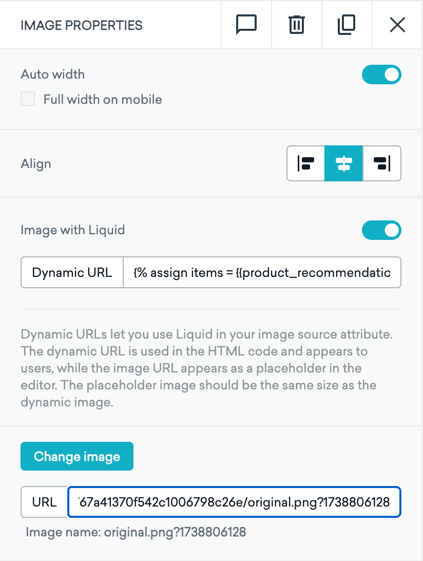 Image properties panel in the drag-and-drop editor