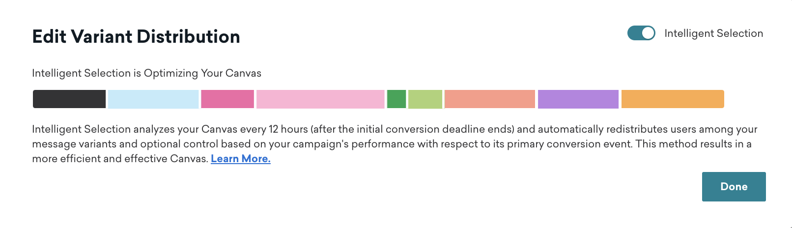 A/B Testing section of a Canvas with Intelligent Selection enabled.