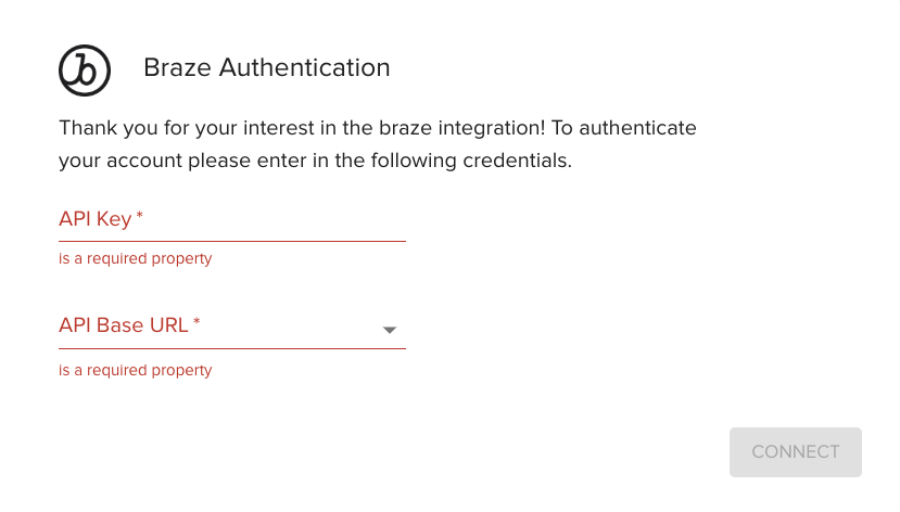 The Braze Authentication pop-up window asking for a Braze API key and base URL.