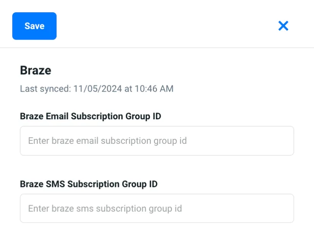 The Braze app opened in a Justuno workflow with the option to add email and SMS subscription group IDs.