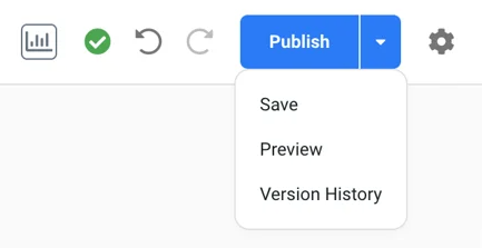 The "Publish" menu opened with the options to save, preview, or show version history.