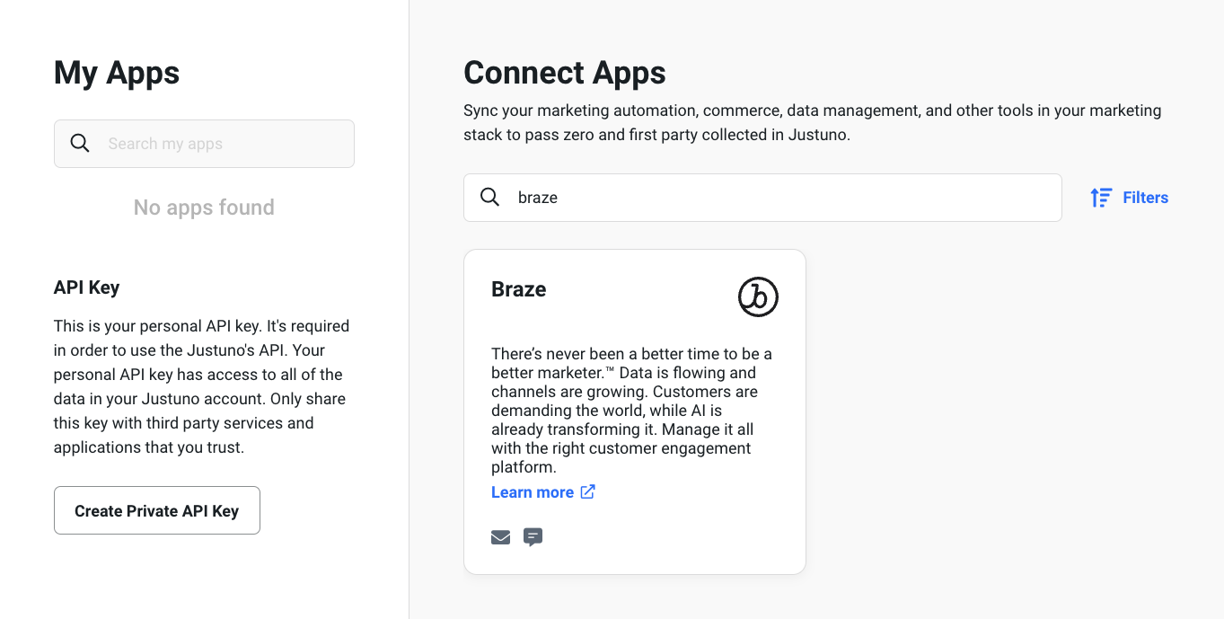 The "Connect Apps" page in Justuno with the Braze app shown in the list of search results.