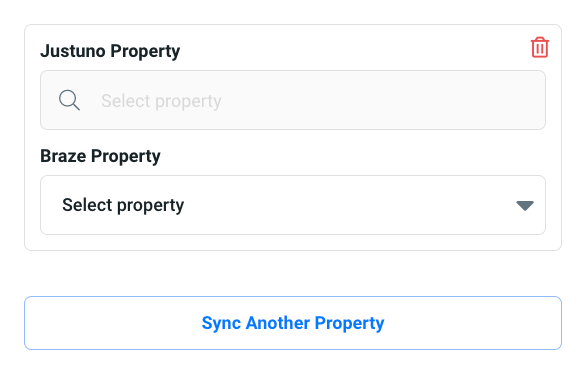 The Braze app opened in a Justuno workflow showing the "Sync Another Property" option.