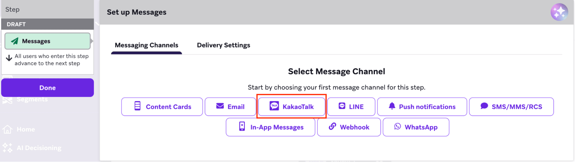 Canvas messaging channel selections.