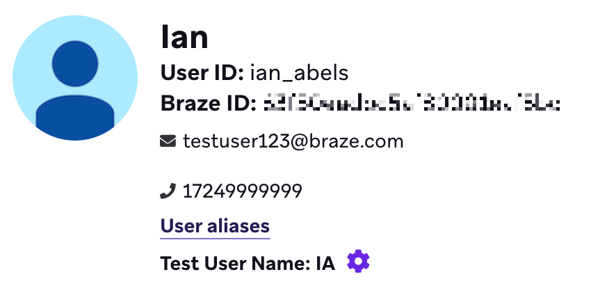 User profile for a test user with a phone number in an unedited format.