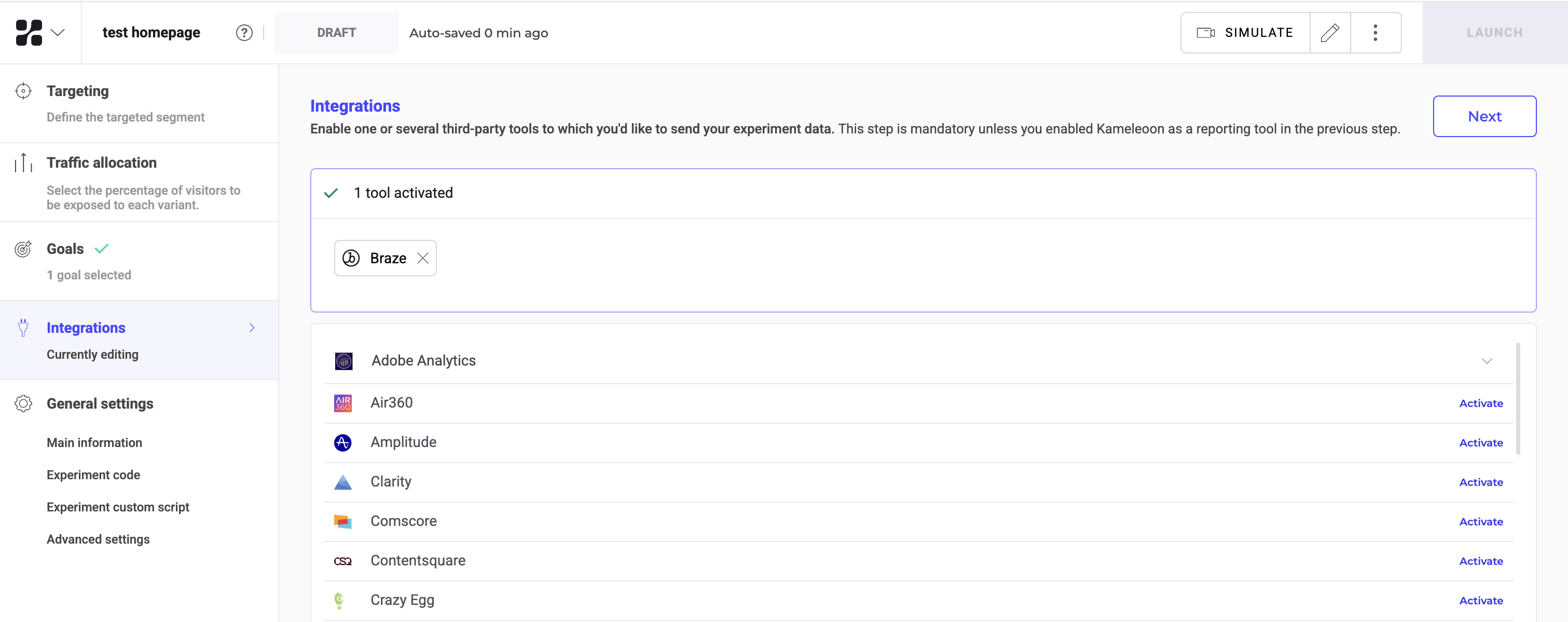 The Integrations dashboard in Kameleoon showing all available integrations, including the active integration Braze.