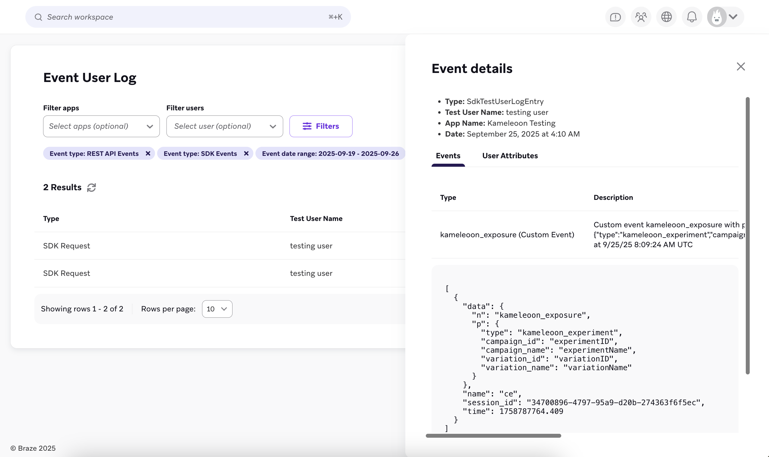 The custom event user log in Braze, showing an example playload of the event that has been recieved by Braze from Kameleoon.