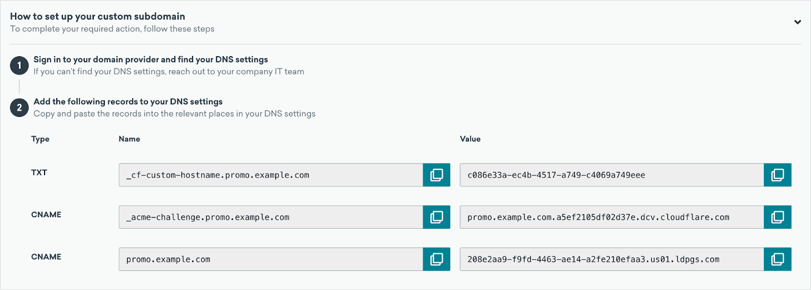 Landing Page Settings page with one TXT and two CNAME records listed with their respective names and values.