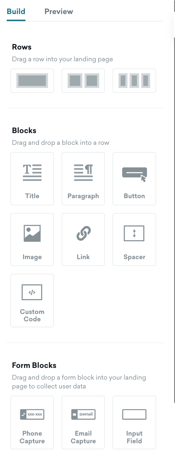 The 'Build' section containing 'Rows' and 'Form Blocks'.