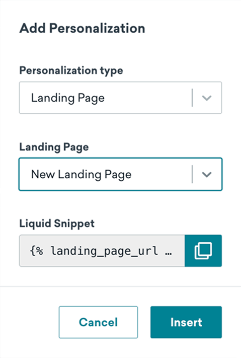 An auto-generated Liquid tag for the selected landing page.