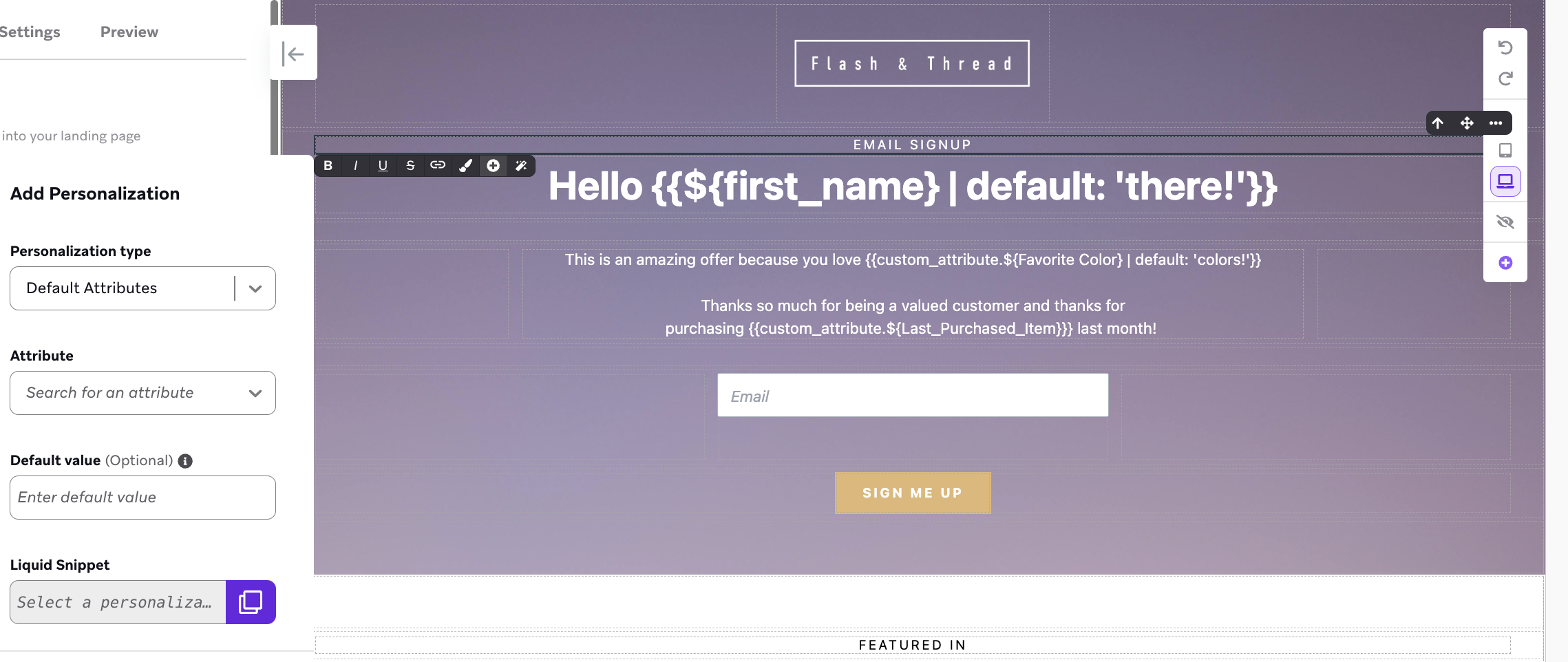 Landing page editor with Liquid personalization added.