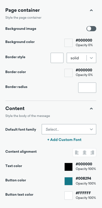 The page container with options to customize background images, colors, border details, and content styling.