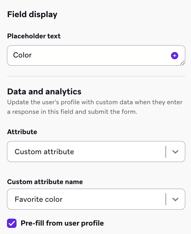 Landing page form field settings showing the option to pre-fill from user profile data.