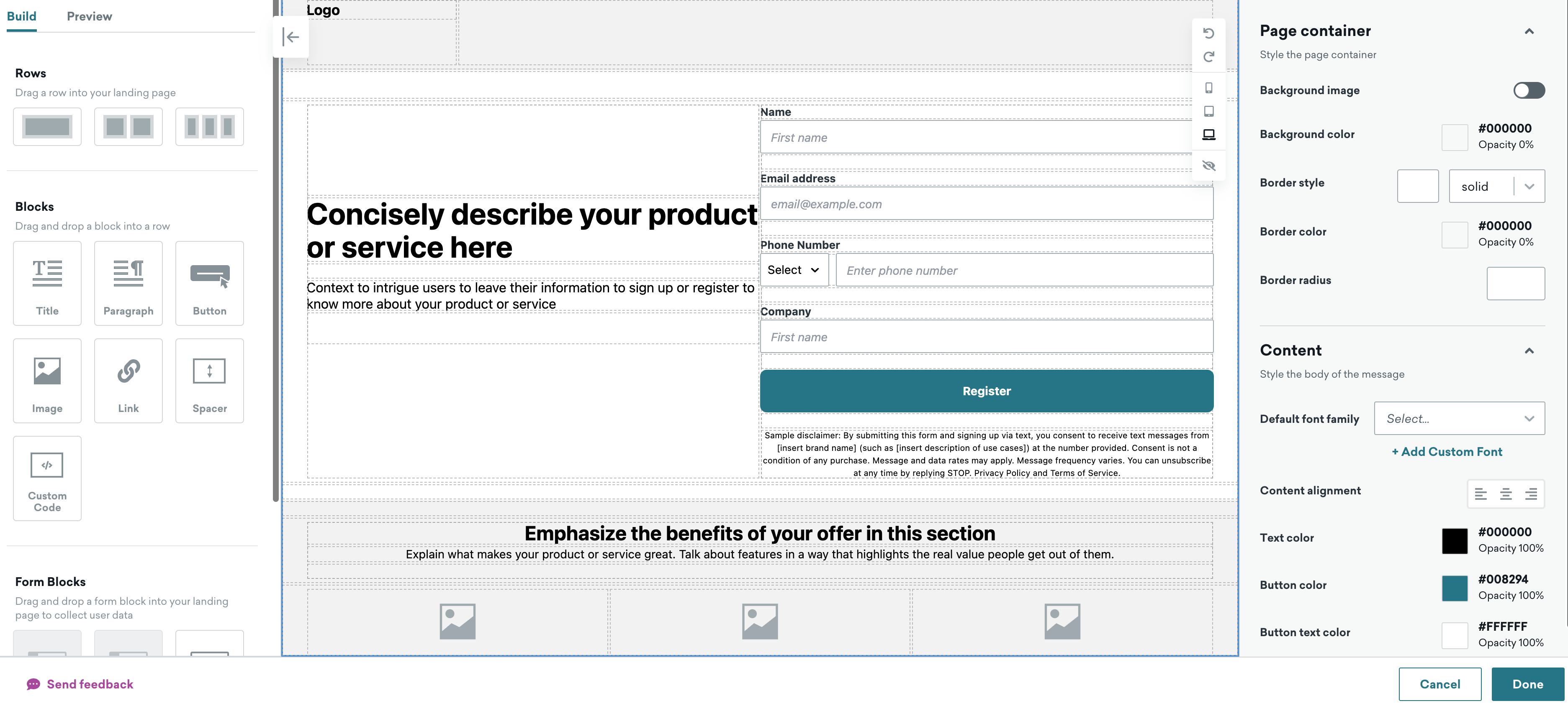 An example landing page being created in the drag-and-drop editor.