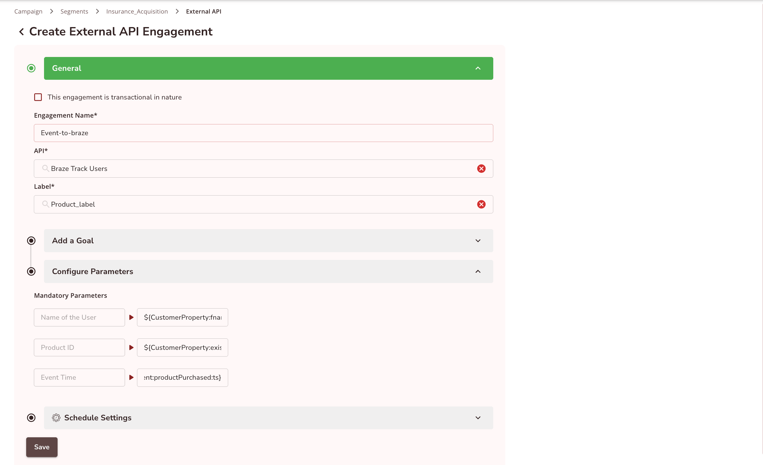 Creating an engagement to send user data to Braze