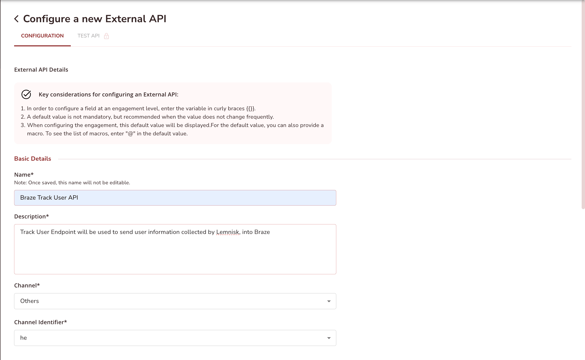 Entering basic configuration details for a new External API in Lemnisk