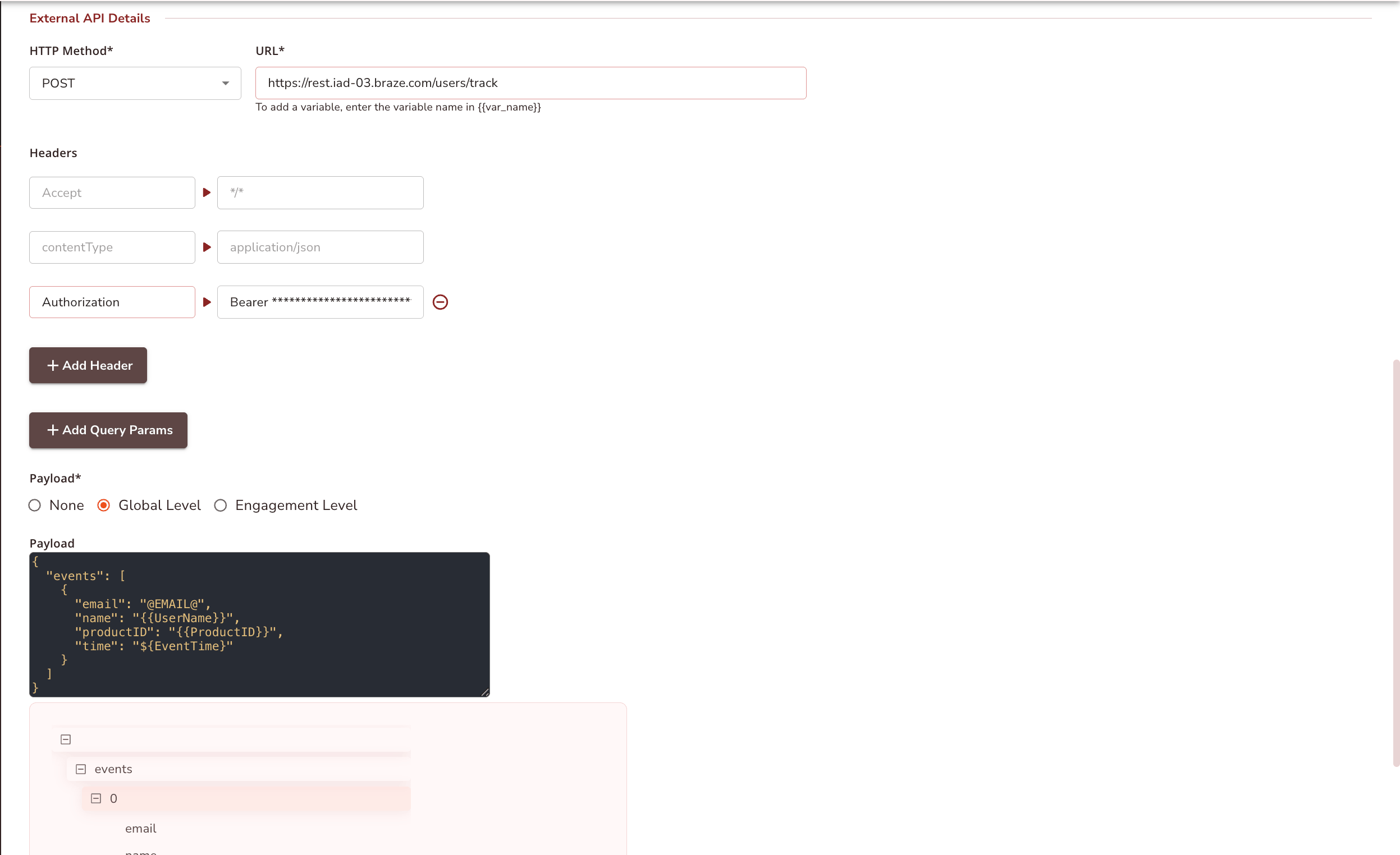 Filling out the External API endpoint and payload details