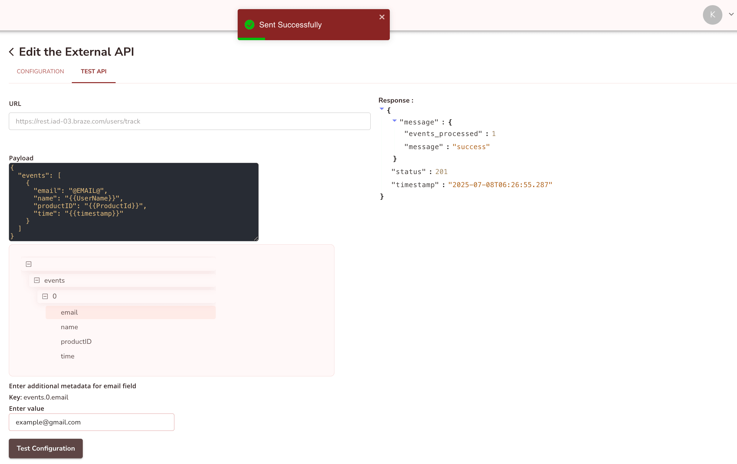 Testing an External API configuration with a sample payload and success response