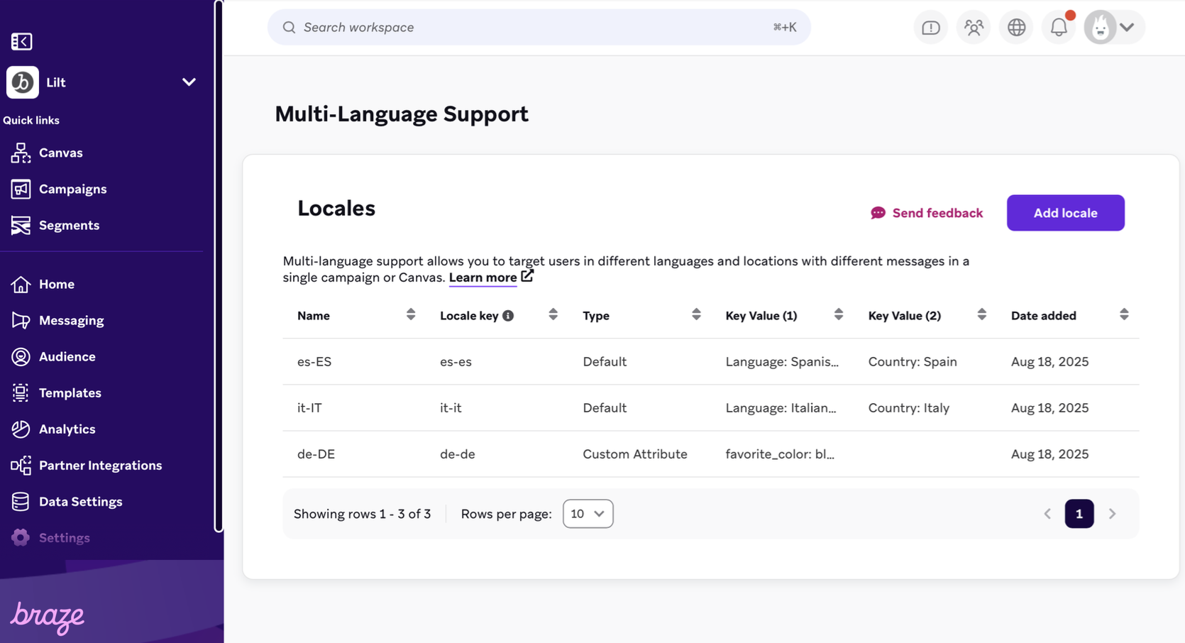 Set up locales in Braze.
