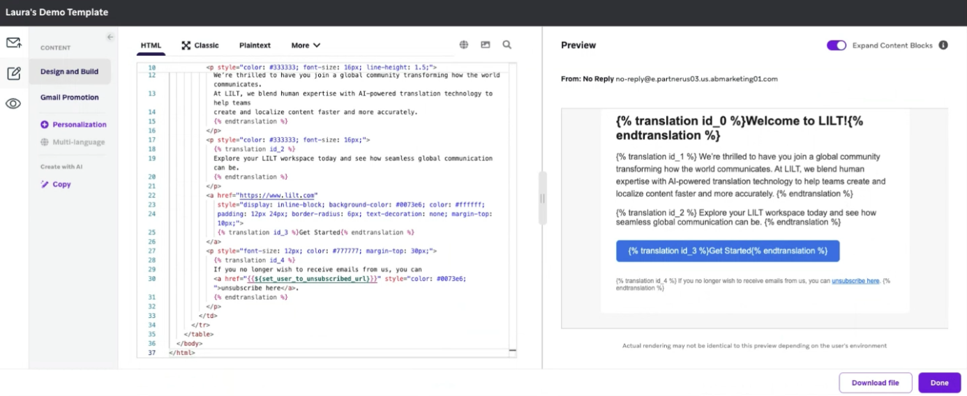 Braze email template with translation tags.
