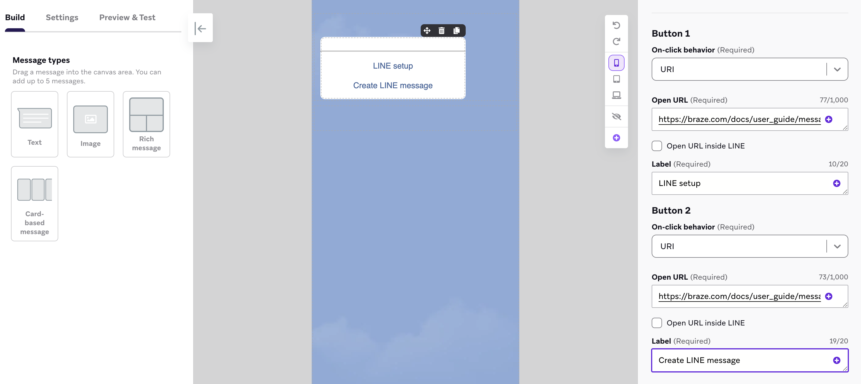 LINE message composer with a card-based message with two buttons that each have a URL.