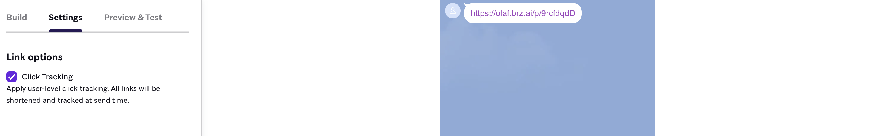 LINE message composer "Settings" tab with " with "Click Tracking" toggled on and a preview Text message containing a shortened URL: https://olaf.brz.ai/p/9rcfdqdD