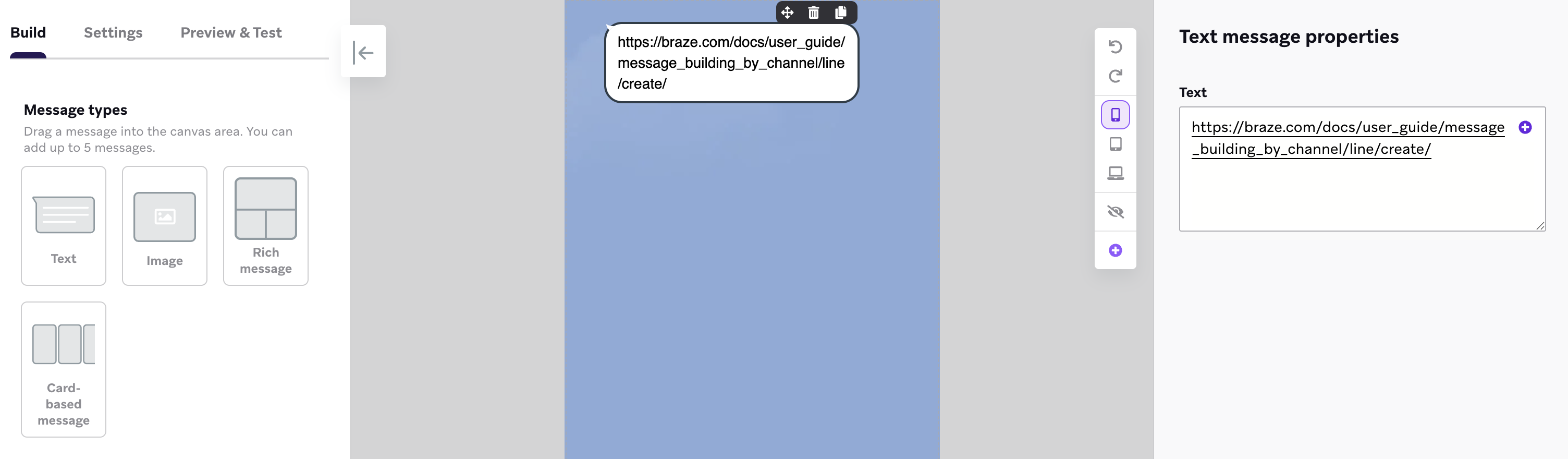 LINE message composer with a Text message containing a long URL: https://braze.com/docs/user_guide/message_building_by_channel/line/create/