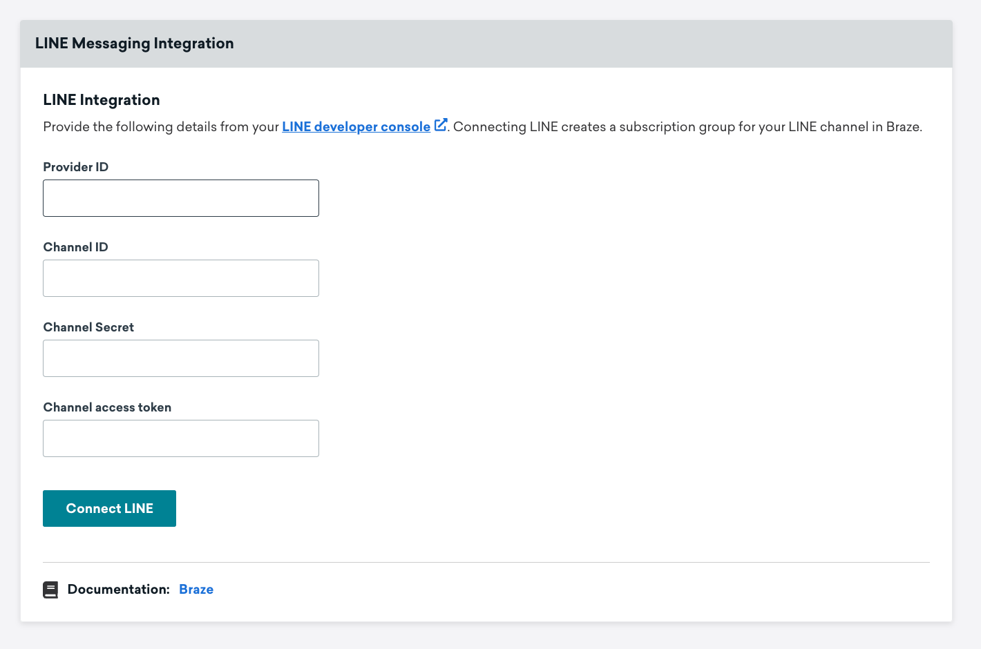 LINE messaging integration page with LINE integration section.