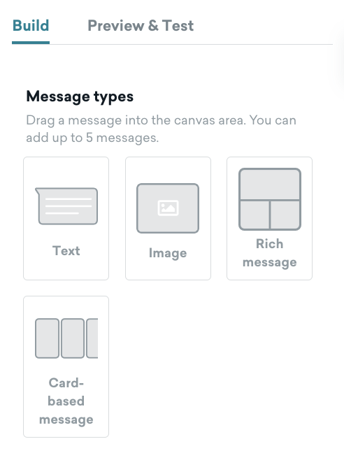 Message types panel with message types to drag into the composer editor, including text, image, rich message, and card-based message.