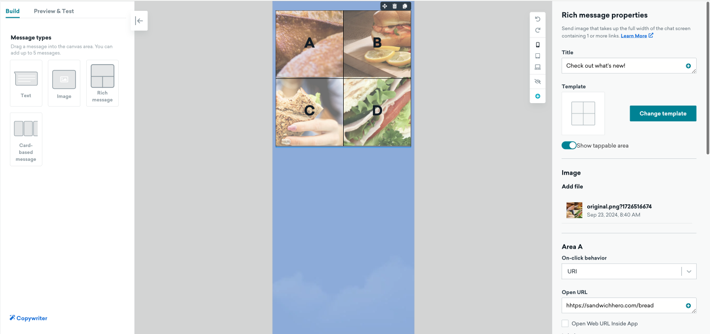 A four-square rich message with photos of different sandwiches in the composer editor.