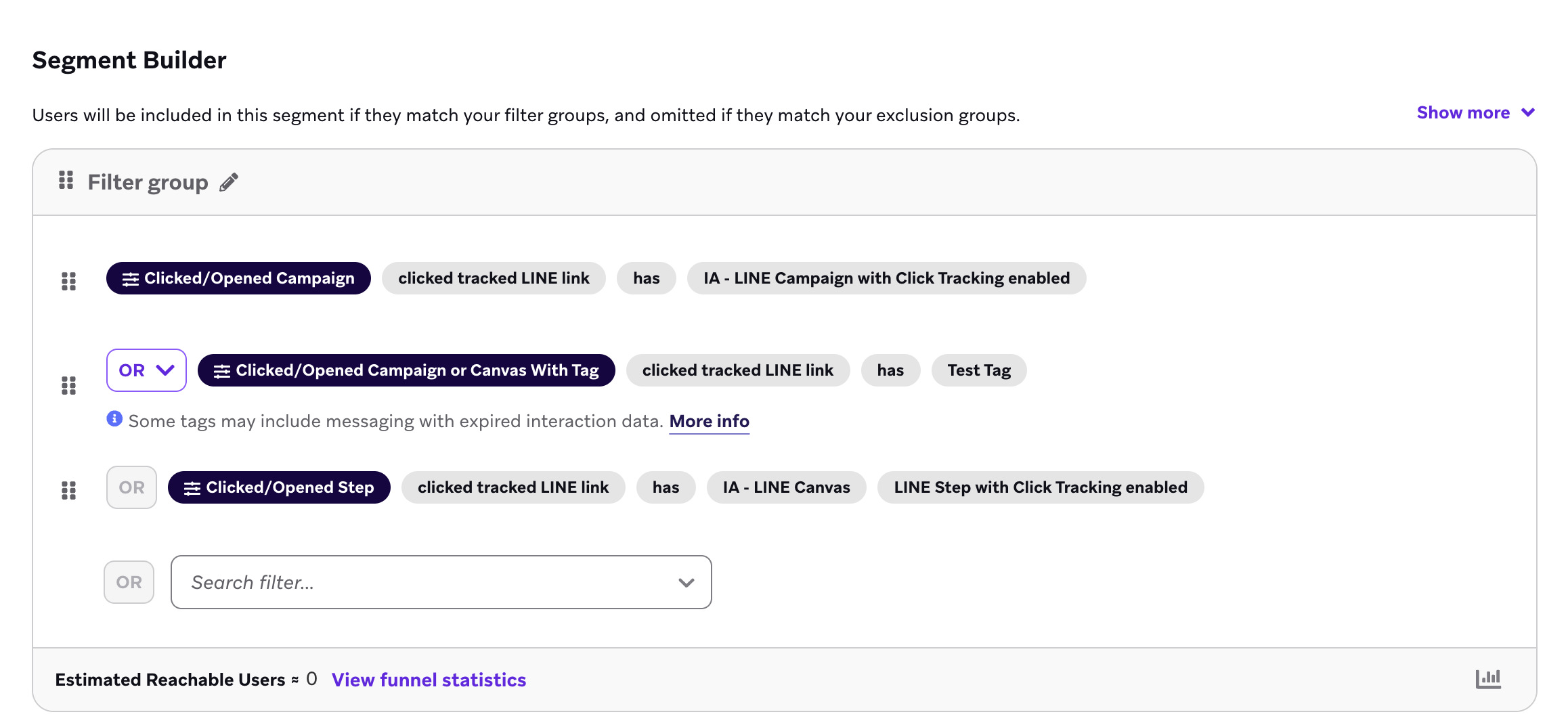 Filter group displaying all three segmentation filters: "Clicked/Opened Campaign", "Clicked/Opened Campaign or Canvas with Tag", and "Clicked/Opened Step".