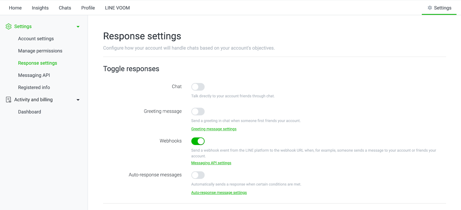 Response settings page with toggles for how your account will handle chats.