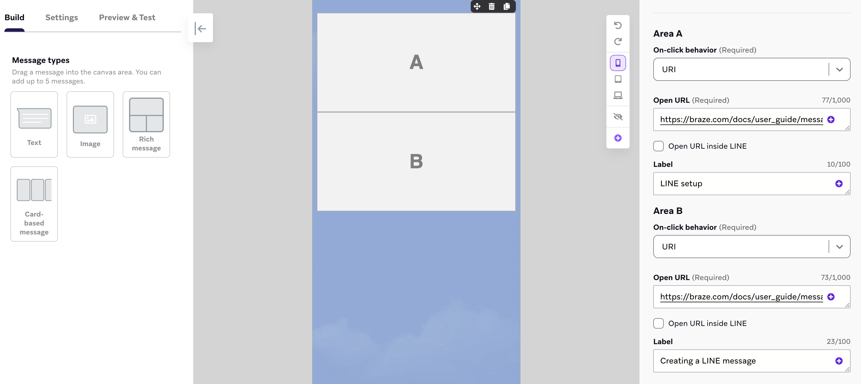 LINE message composer with a Rich message with two tappable areas that each have a URL.