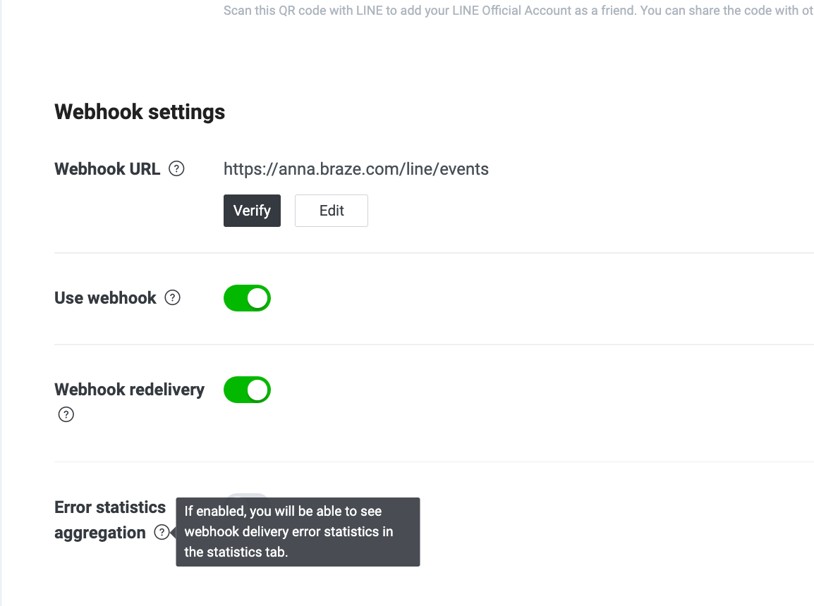 Webhook settings page to verify or edit the webhook URL, toggling on or off "Use webhook", "Webhook redelivery", and "Error statistics aggregation".