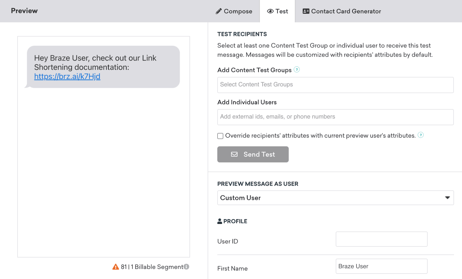 Message "Test" tab with fields for selecting test recipients.