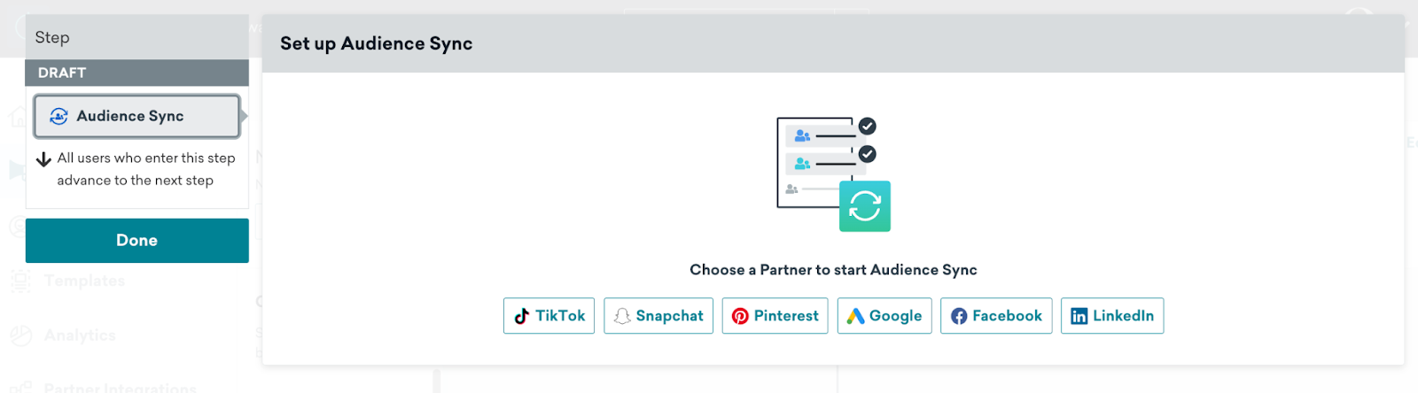 The "Set up Audience Sync" details with the multiple partners to choose from.