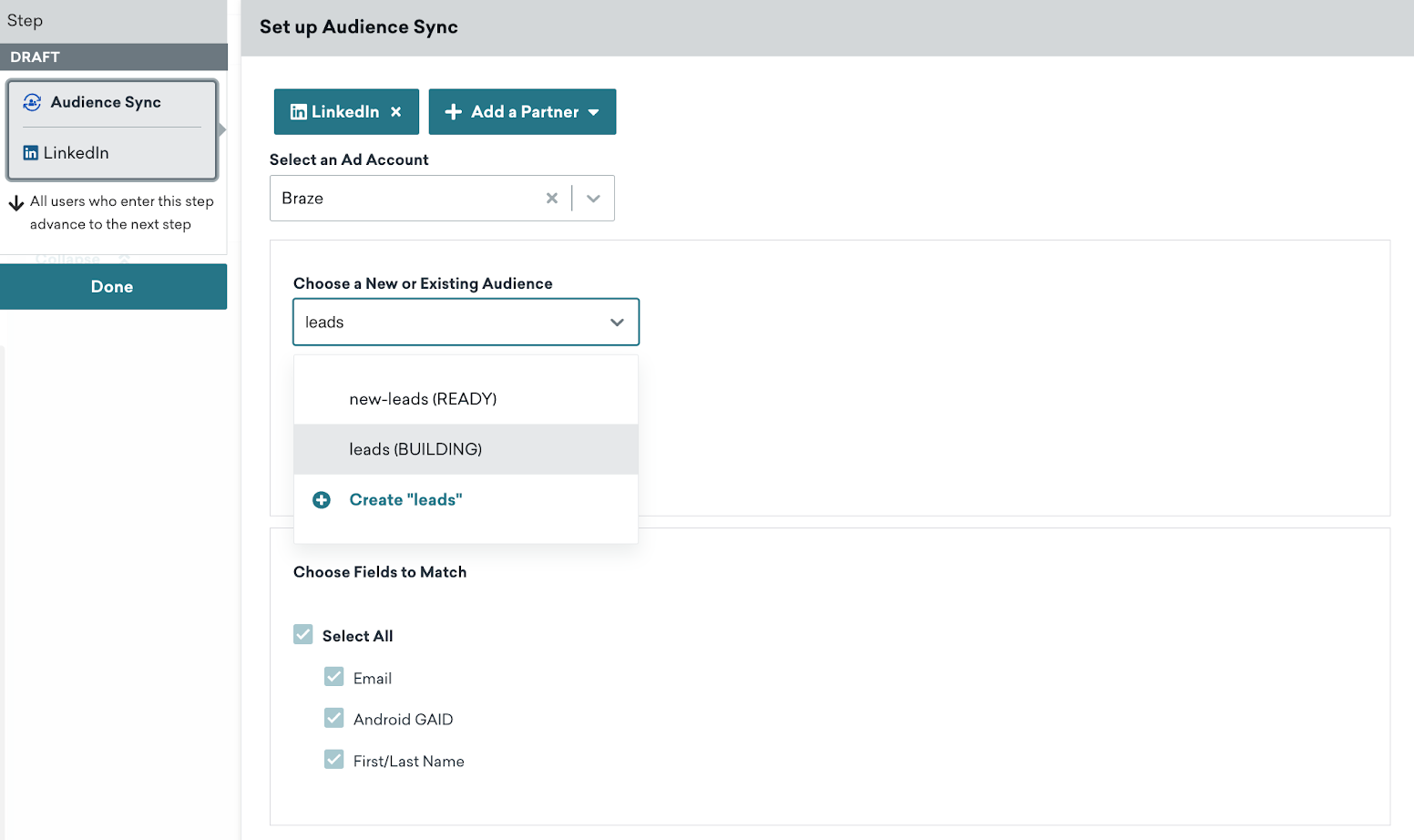 Expanded view of the Custom Audience Canvas step. Here, the desired ad account and existing audience are selected.