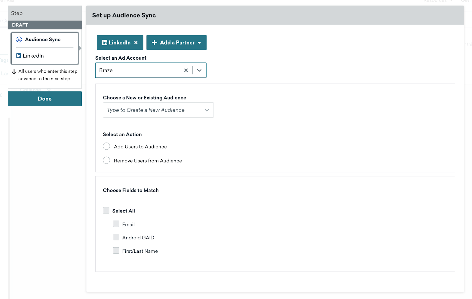 Audience Sync to LinkedIn with Braze selected as the ad account.