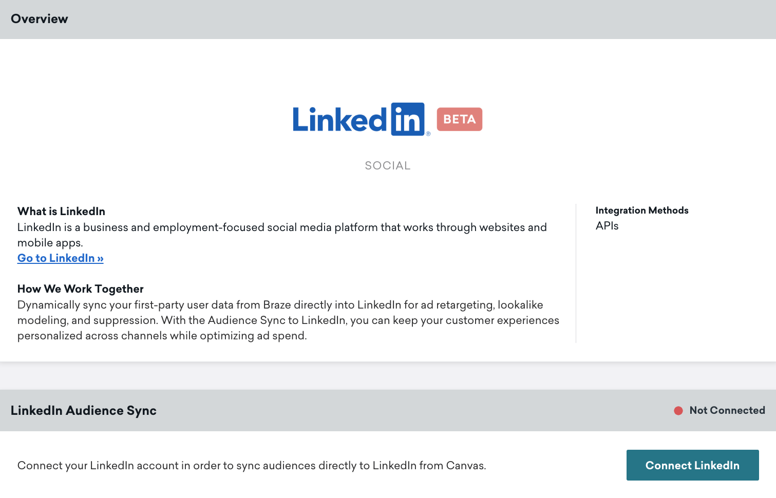 LinkedIn technology page in Braze includes an Overview section and LinkedIn Audience Sync section with the Connected LinkedIn button.