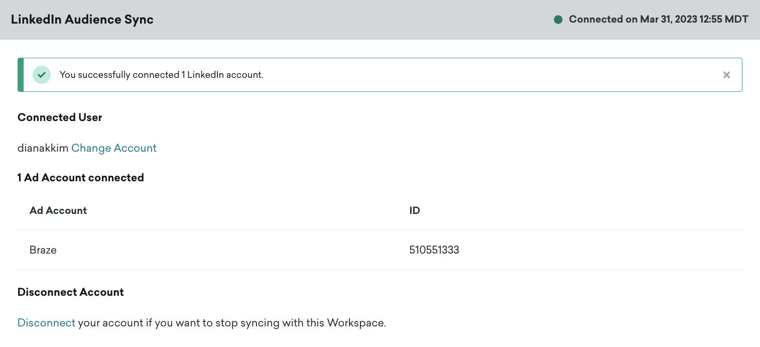 A successfully connected LinkedIn account.