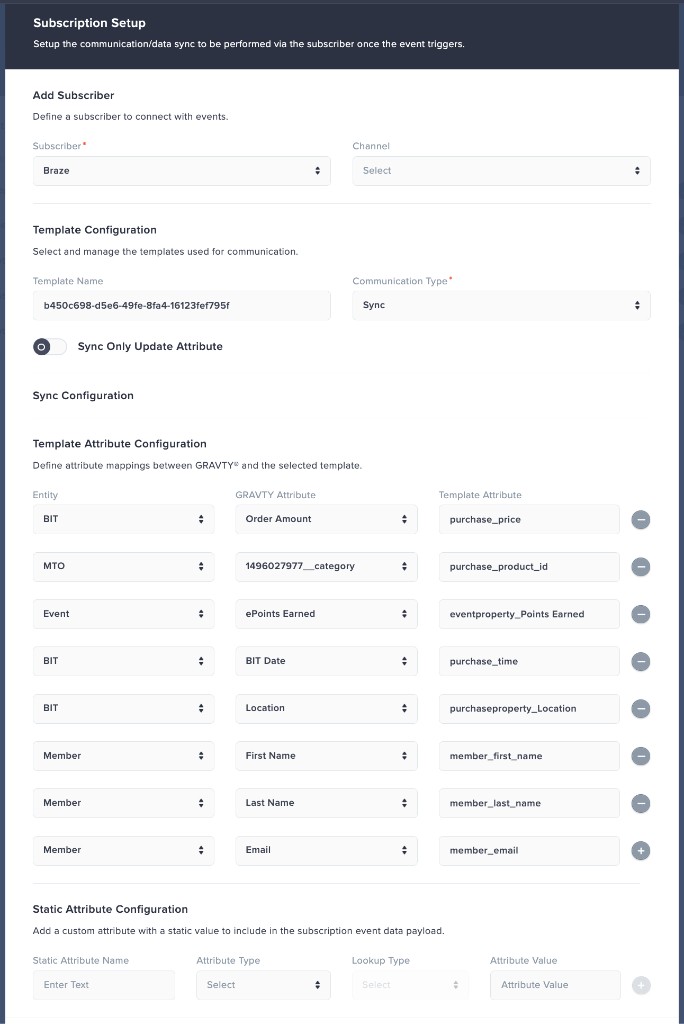GRAVTY® Subscription Setup page with template configuration, sync configuration, and a table mapping entity, GRAVTY® attribute, and template attribute fields for Braze.