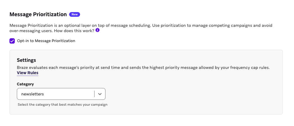 The Message Prioritization category dropdown in a campaign's delivery settings.