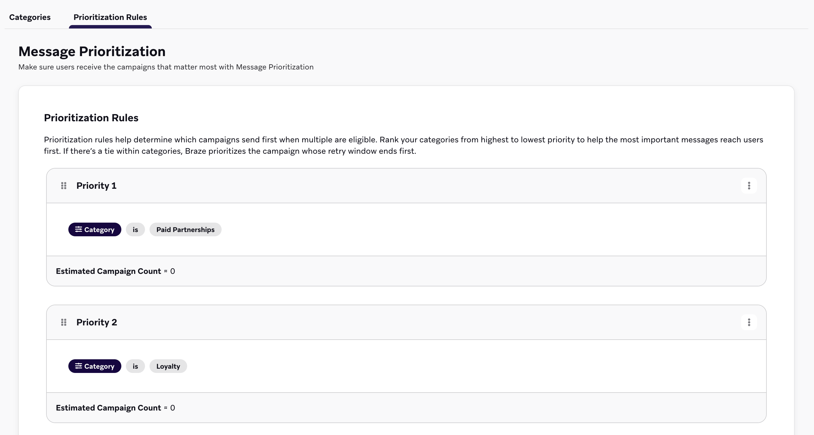 An example of prioritization rules for two categories: Paid Partnerships and Loyalty.