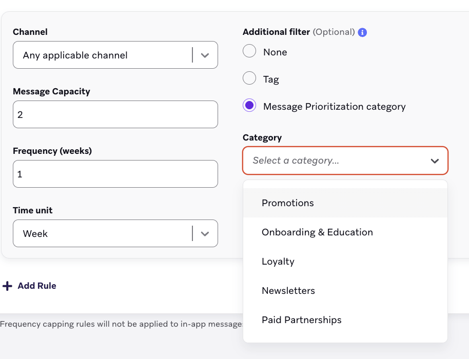 An example of the frequency capping rule with the "Category" field dropdown to select P2 or P1.