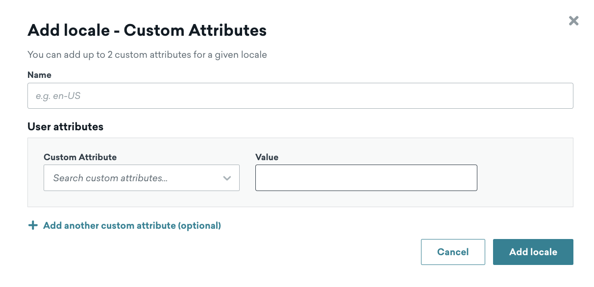 A window called "Add locale - Custom Attributes" to specify the custom attribute and value.