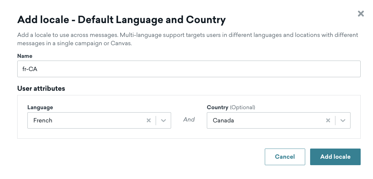 A window called "Add locale - Default Language and Country" to specify the language and country.